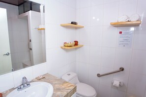 Bathroom features a large mirror, sink, toilet, and shower with grab bar for safety.