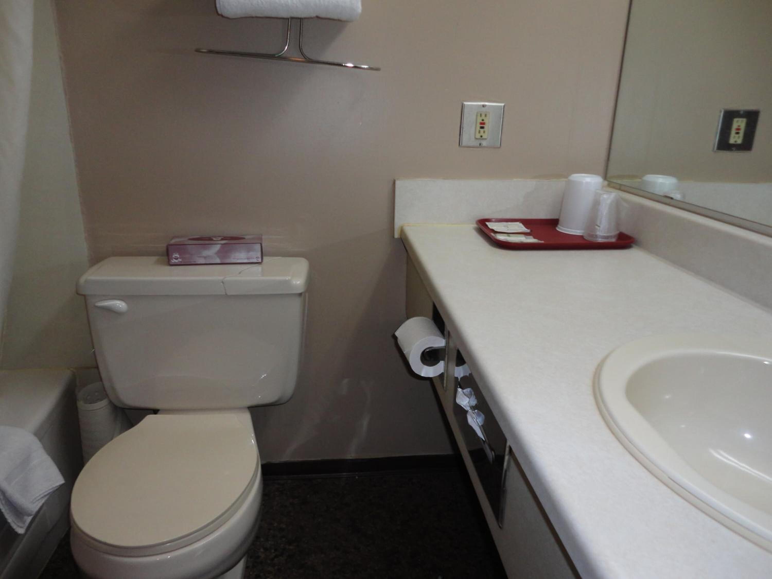 Et lille, rent badeværelse med toilet, håndvask og spejl.