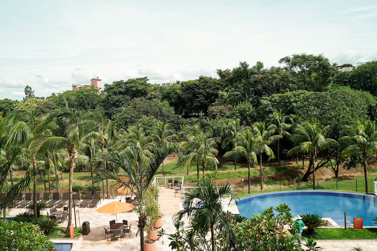 A pool area with lounge chairs and a swimming pool surrounded by palm trees and greenery.