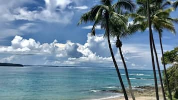 On the beach, sun-loungers, beach umbrellas, beach towels