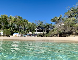 On the beach, sun loungers, beach umbrellas, beach towels