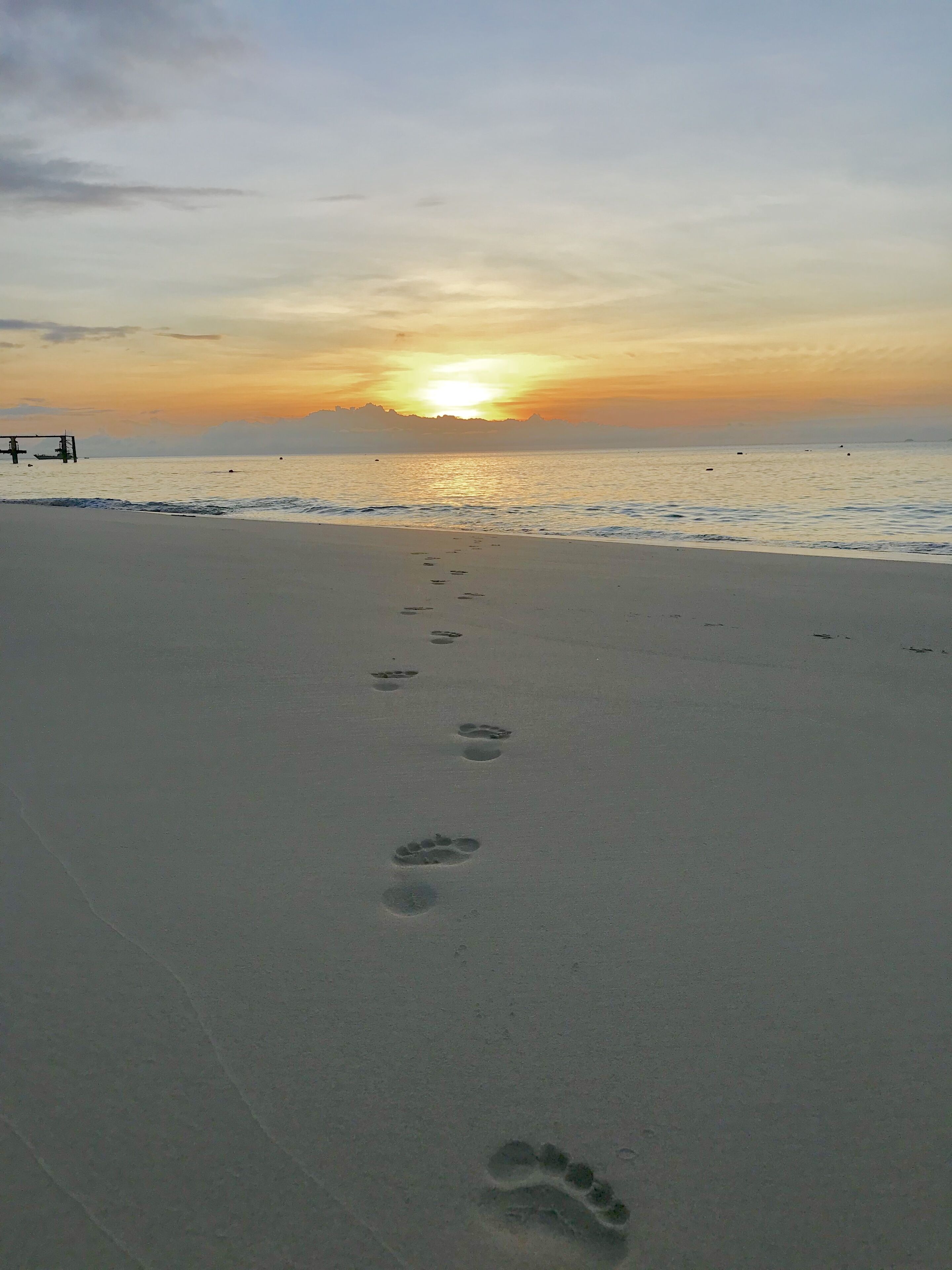 A beach with footprints leading towards the ocean and a sunset in the background.
