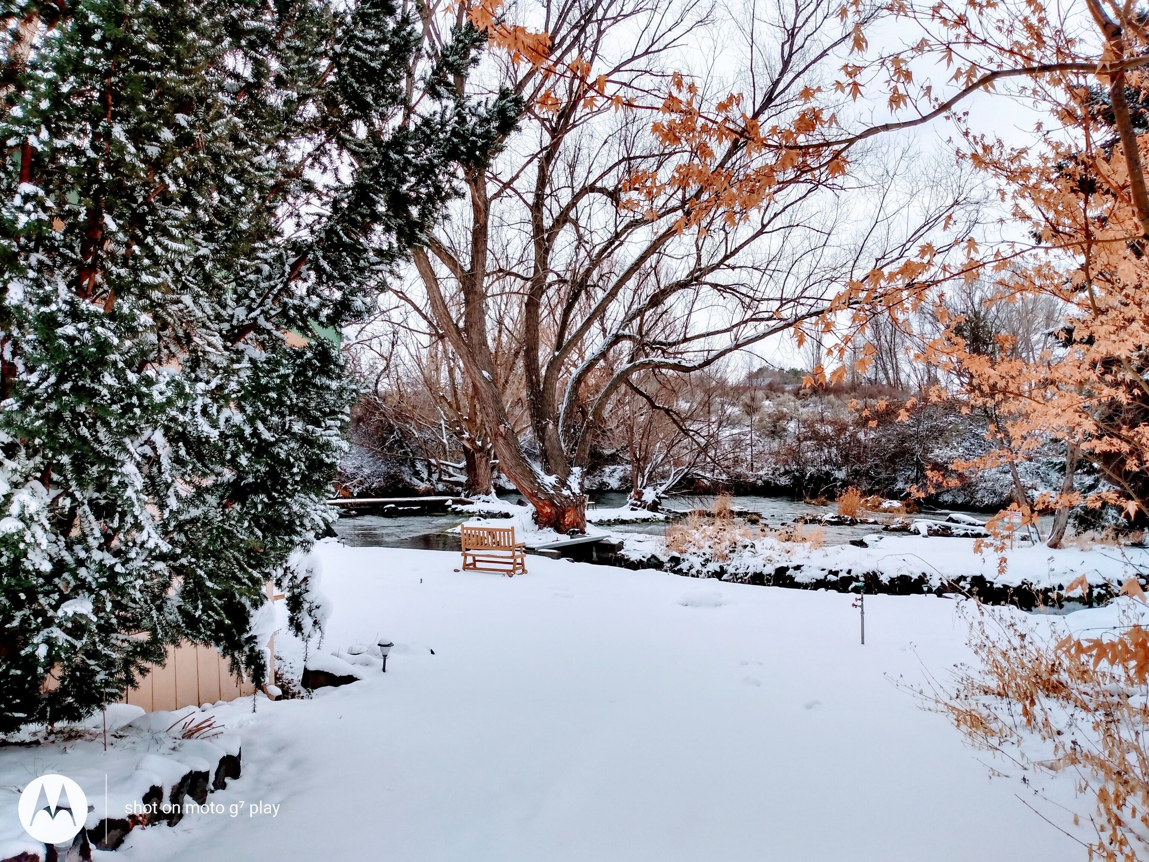 A snow-covered landscape with a bench and a sign in the foreground.