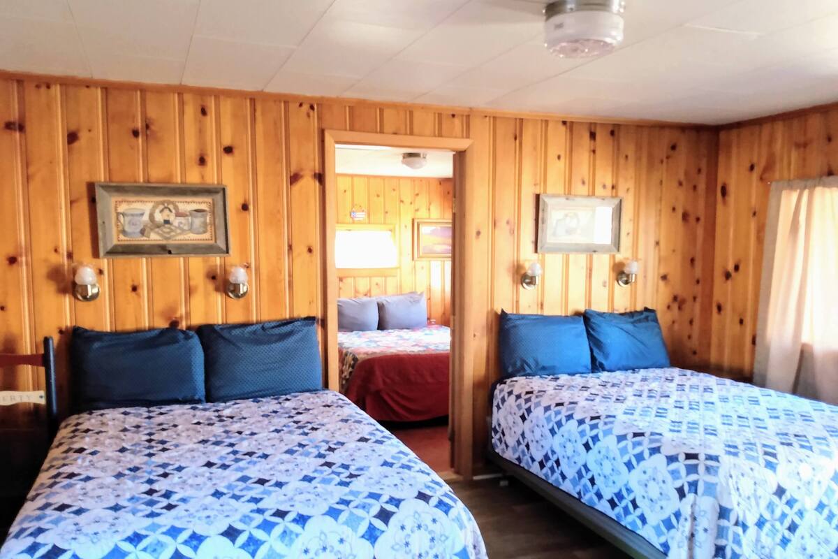 A room with wooden paneling, two beds with patterned bedding, a door leading to another room, and a ceiling fan.