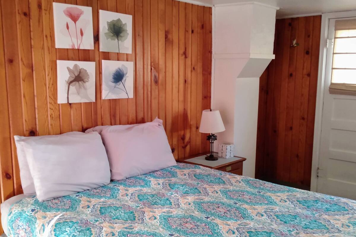 A bedroom with a wooden paneled wall, a bed with patterned bedding, and a nightstand with a lamp.