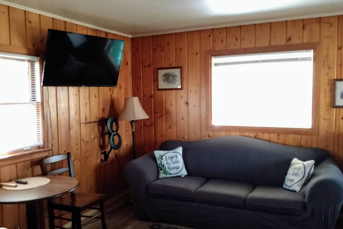 A room with wooden walls, a dark sofa with two pillows, a small table with a chair, a lamp, and a TV mounted on the wall.