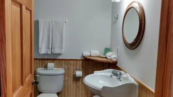 Un baño con inodoro, lavamanos y espejo. Hay toallas colgadas en un perchero y un rollo de papel higiénico en la pared.
