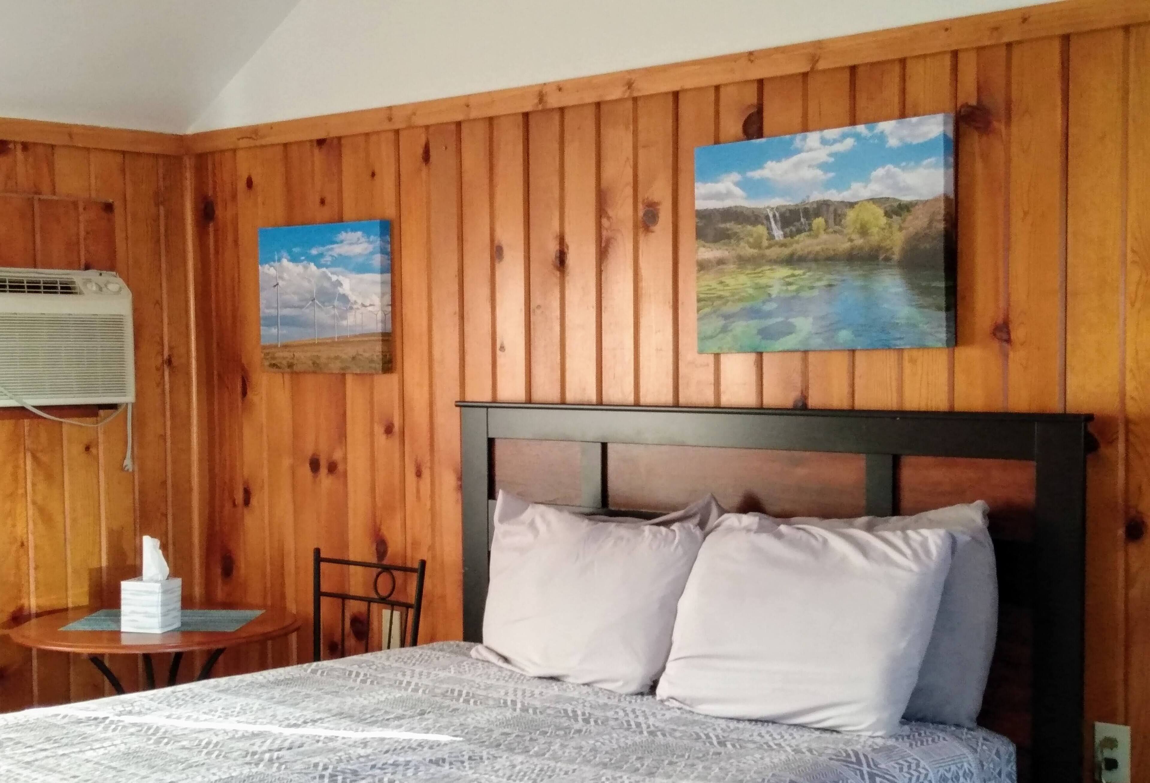 A wooden-paneled room with a bed, two pillows, a table with a tissue box, and two paintings on the wall.