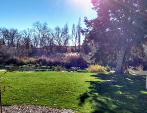 A park with a grassy area, a bench, and a river. - Billingsley Creek (Hagerman)
