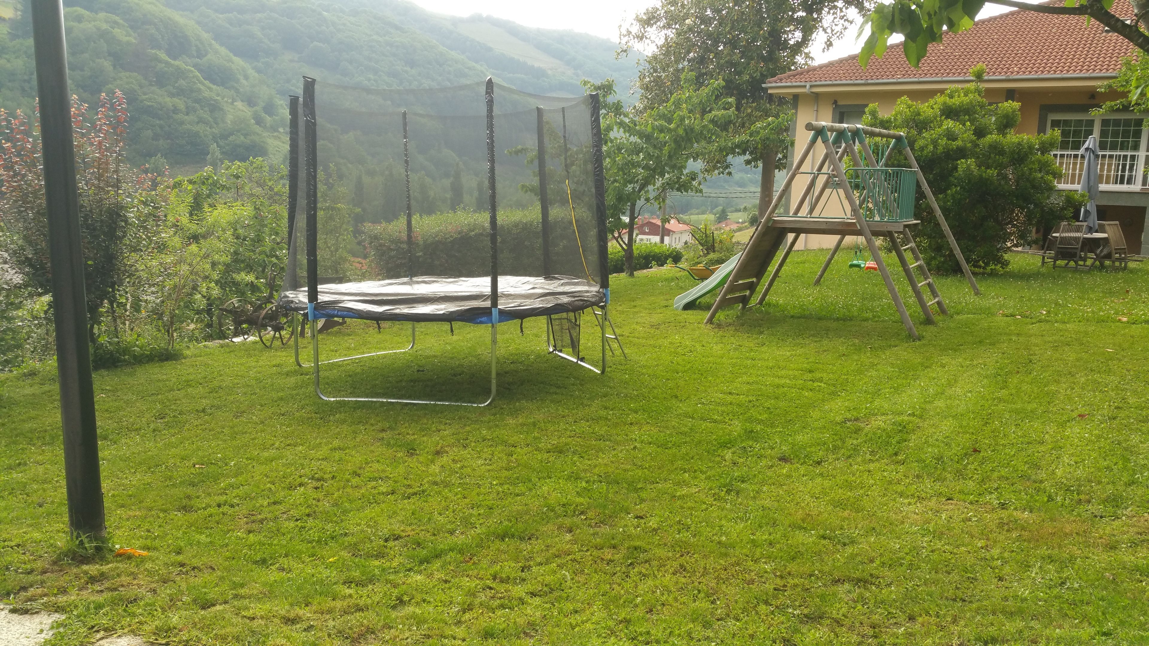 En gräsklädd trädgård med en studsmatta och en gunga.