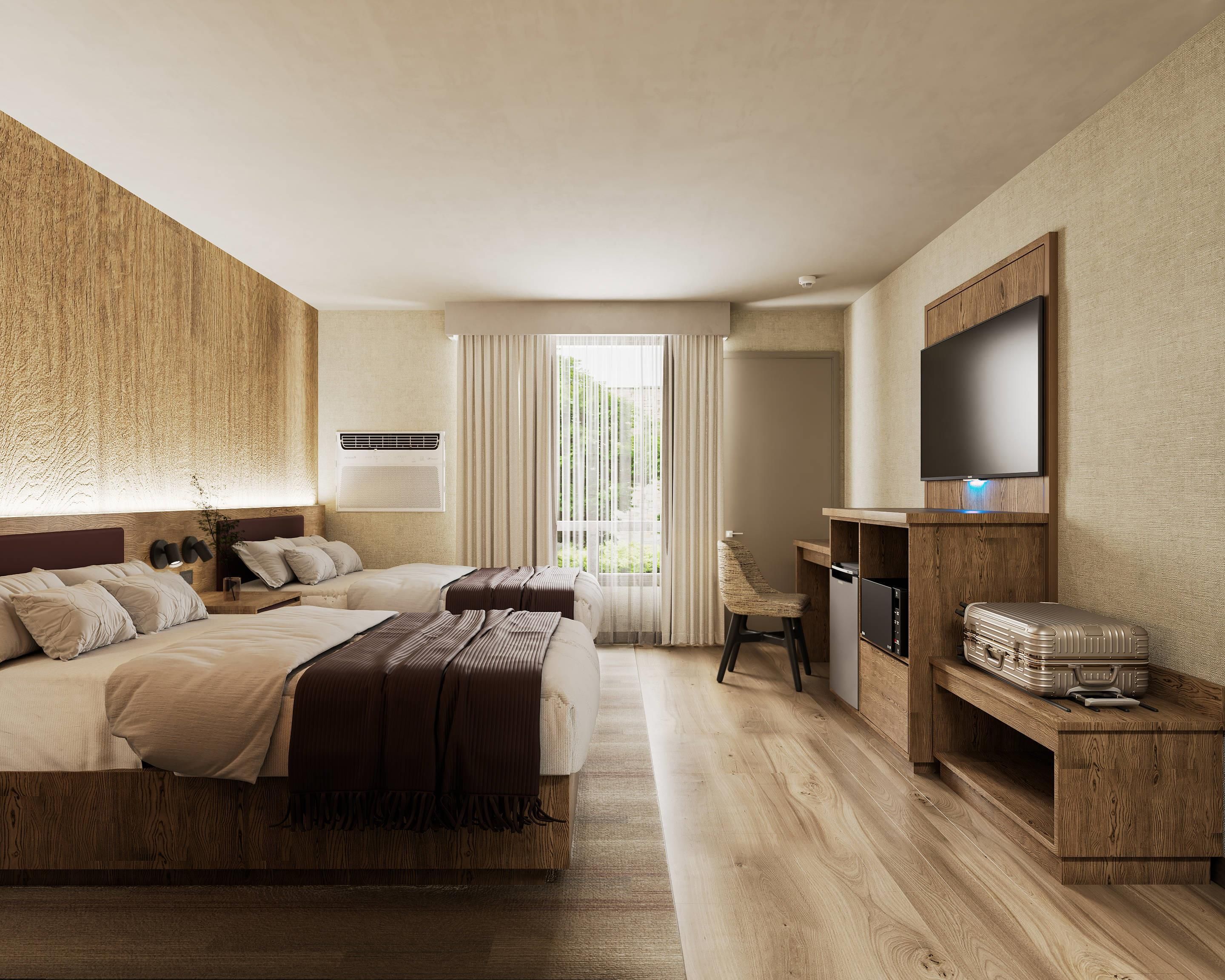 A hotel room with a bed, a desk, a television, and a suitcase.