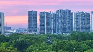 A cityscape with high-rise buildings and a park area.