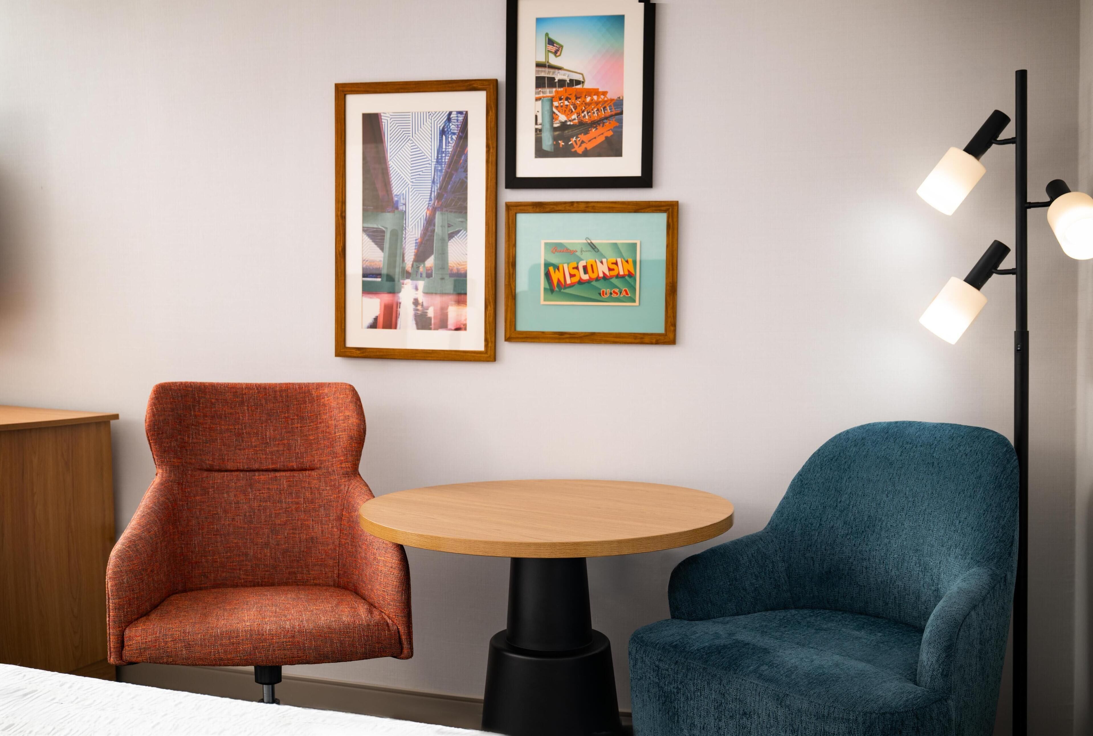 desk, laptop workspace, blackout curtains, iron/ironing board