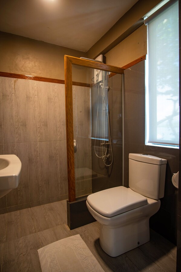 Une salle de bain avec une douche à parois de verre, des toilettes et un lavabo.