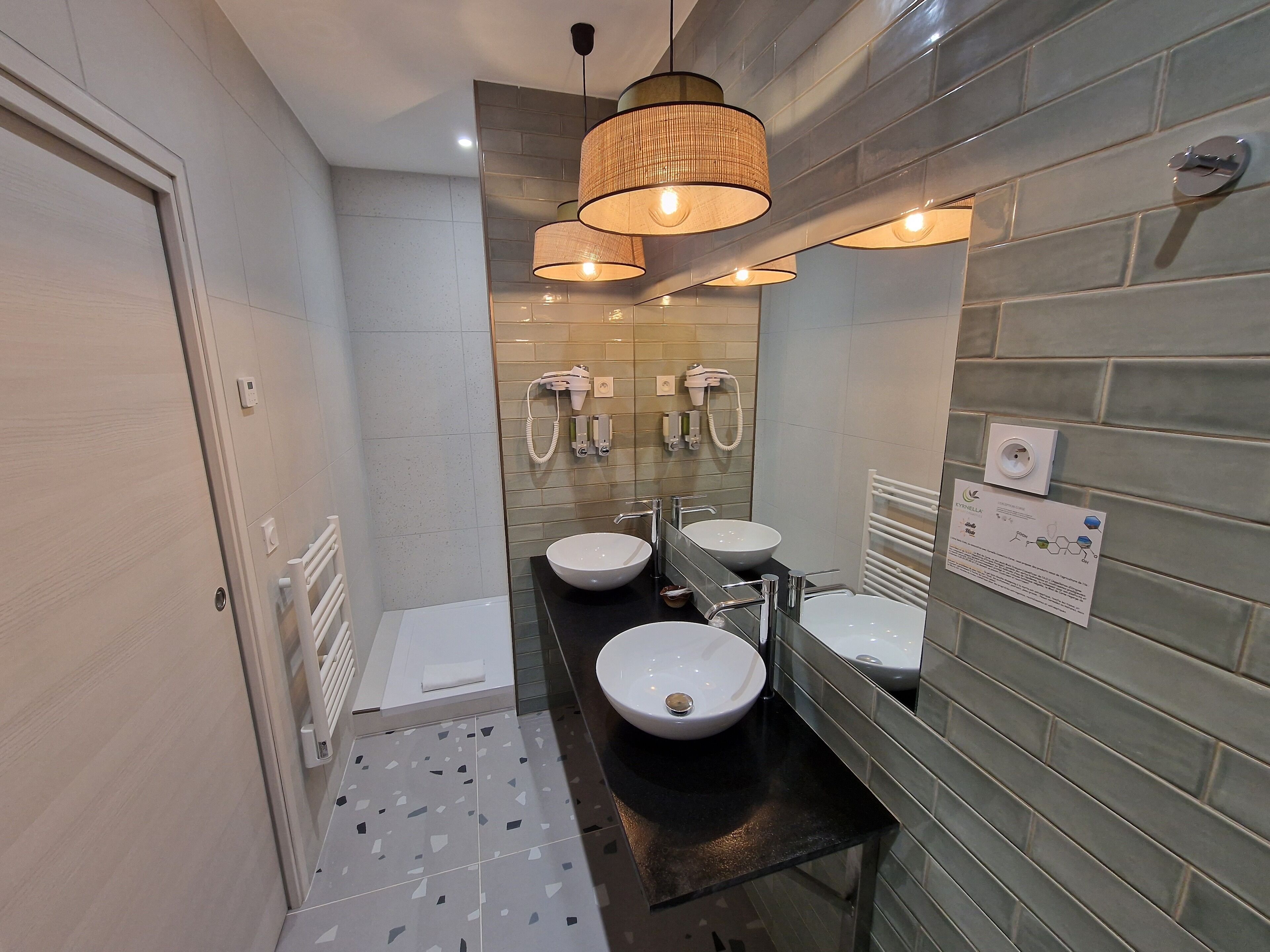 shower, eco-friendly toiletries, hair dryer, towels