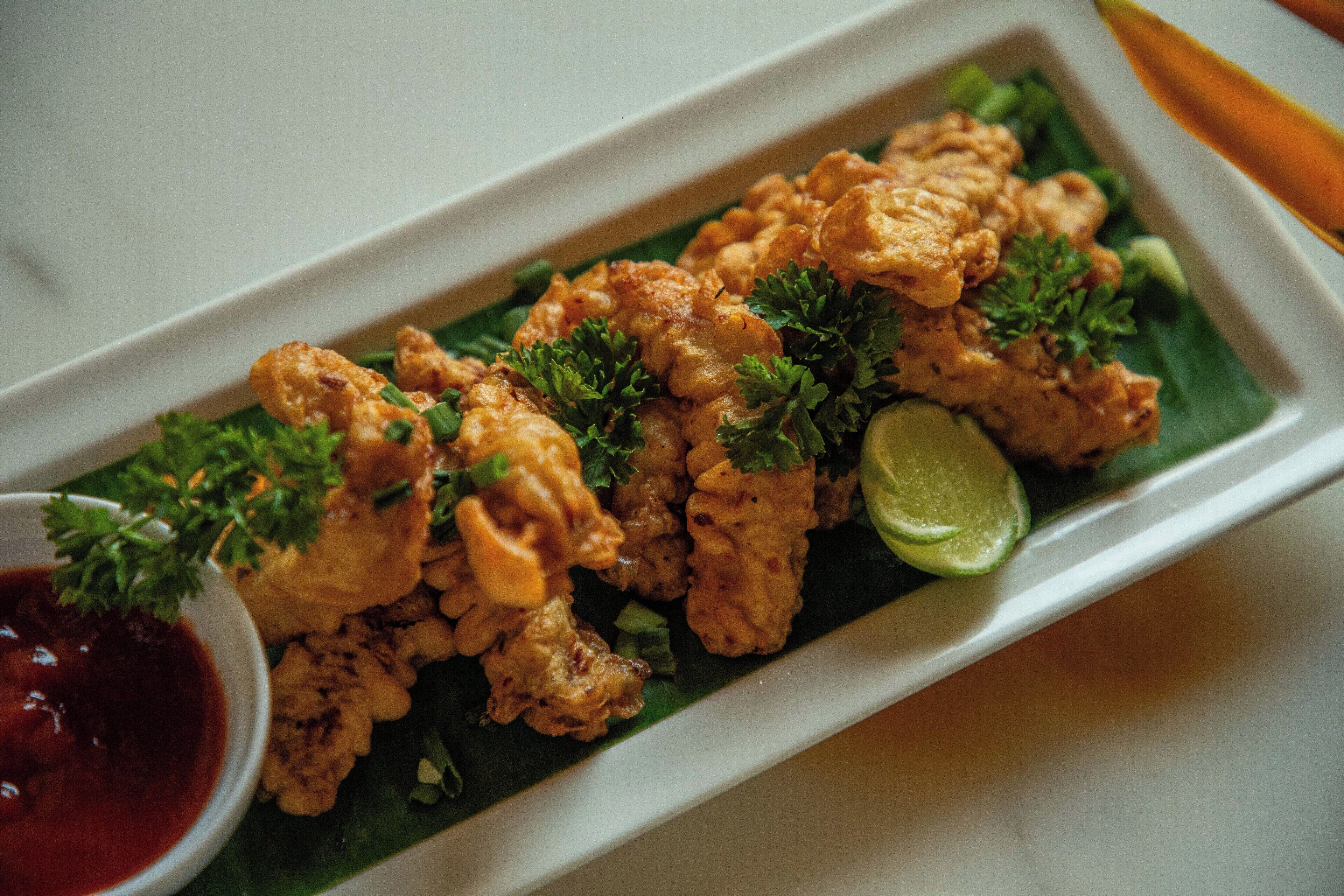 Un plato de comida frita adornado con perejil y limón, servido sobre un plato blanco acompañado de salsa.