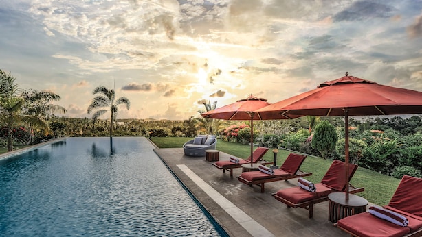 A poolside area with lounge chairs and umbrellas, surrounded by lush greenery and a clear sky.