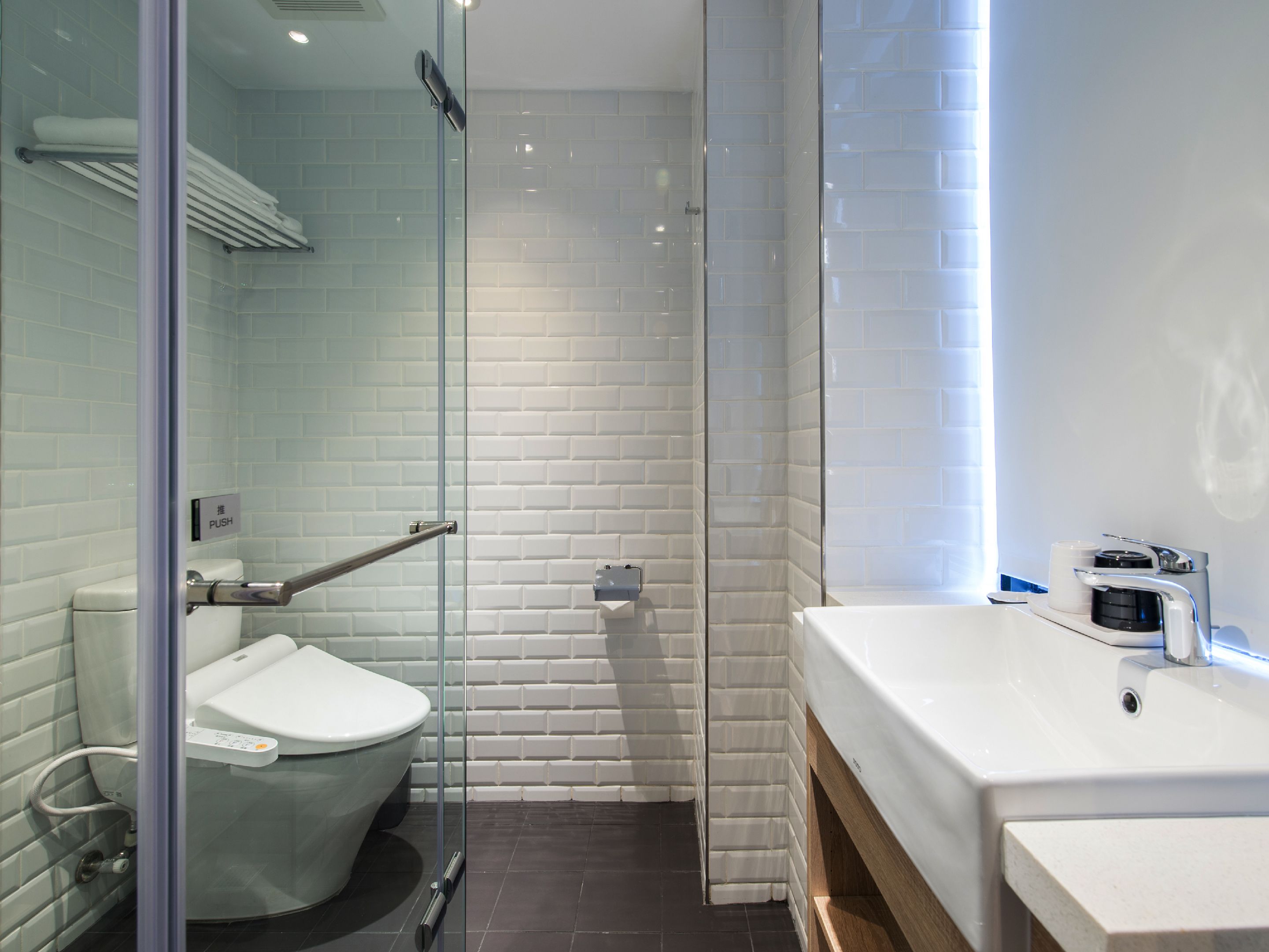 shower, hair dryer, slippers, bidet