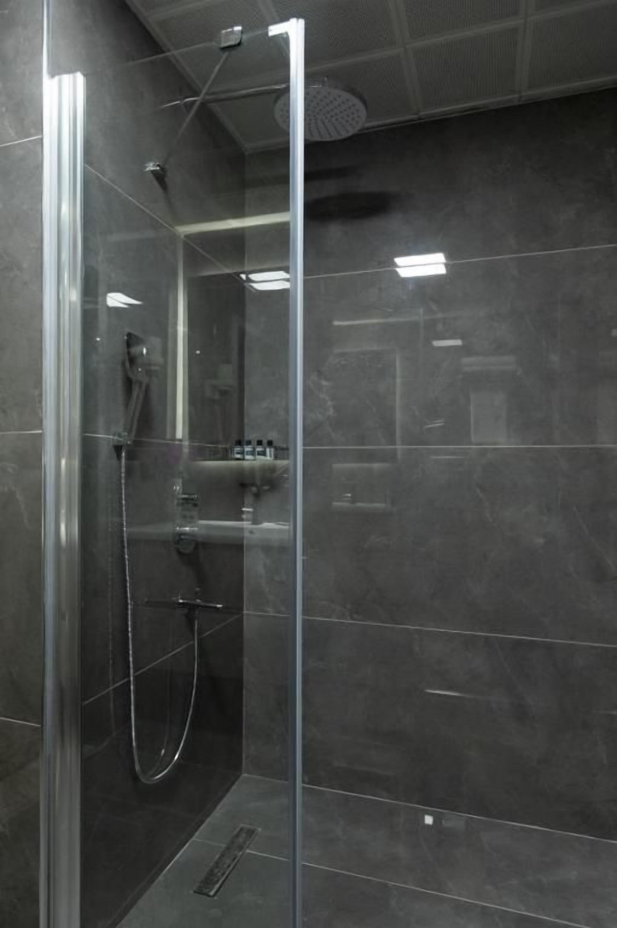 A modern shower area with a glass enclosure, a handheld showerhead, and a wall-mounted faucet.