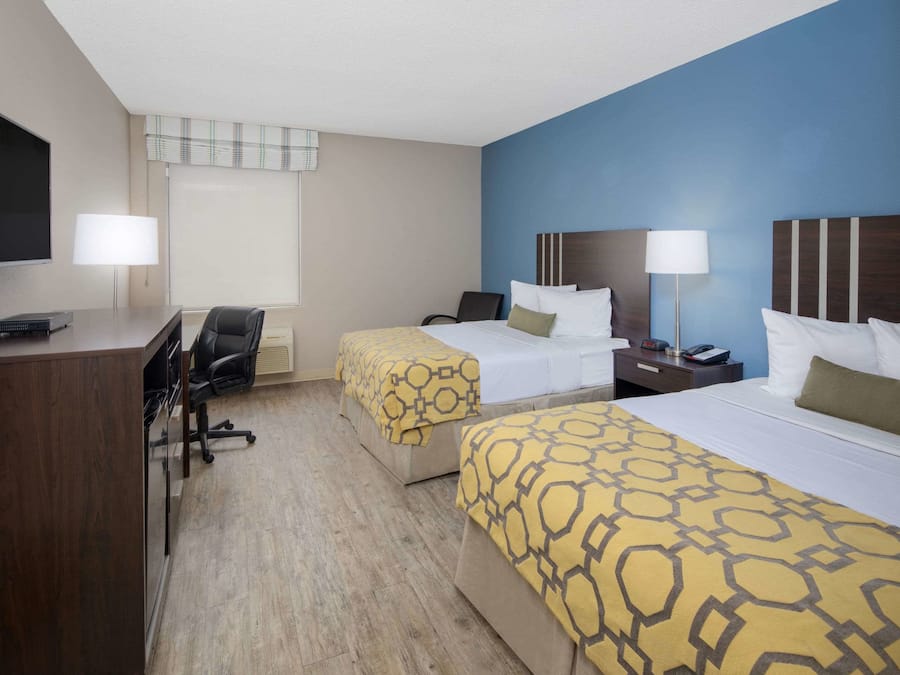 Desk, laptop workspace, blackout curtains, iron/ironing board