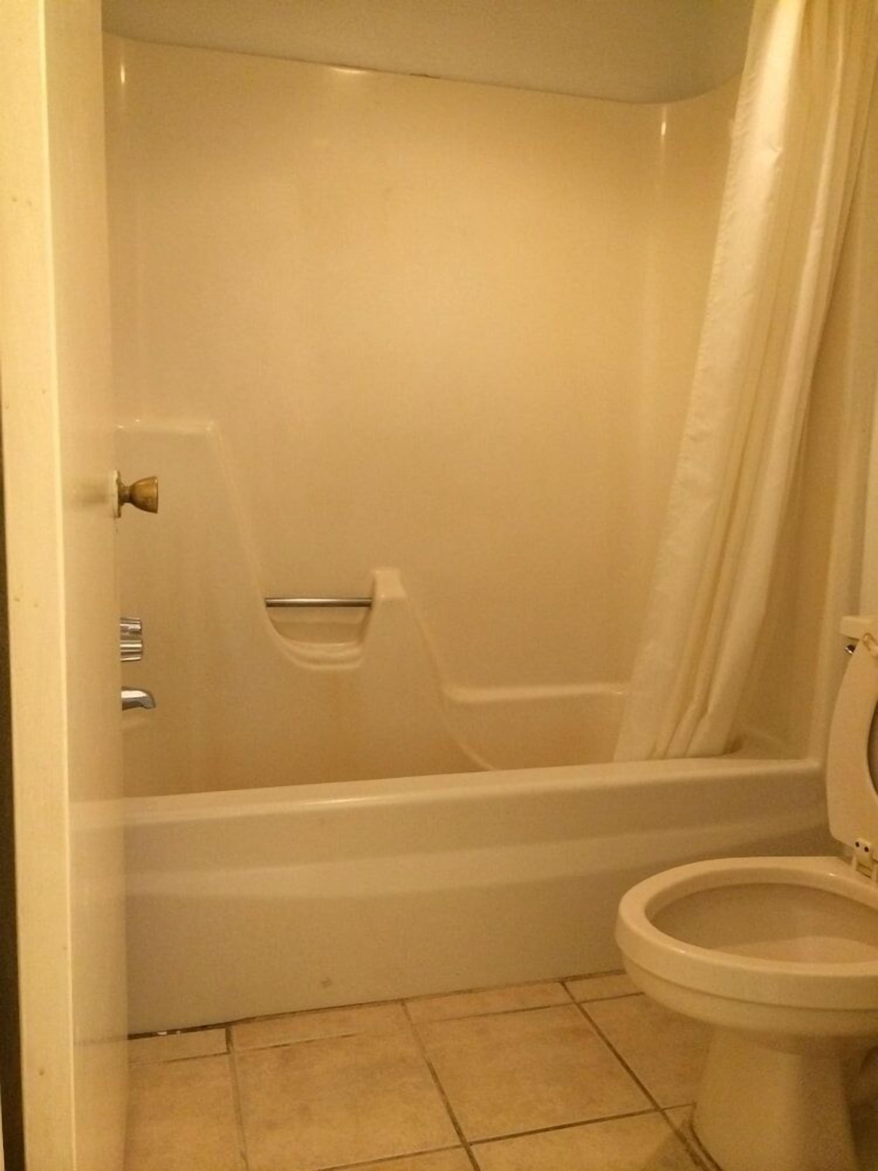 A bathroom with a bathtub, toilet, and a shower curtain.