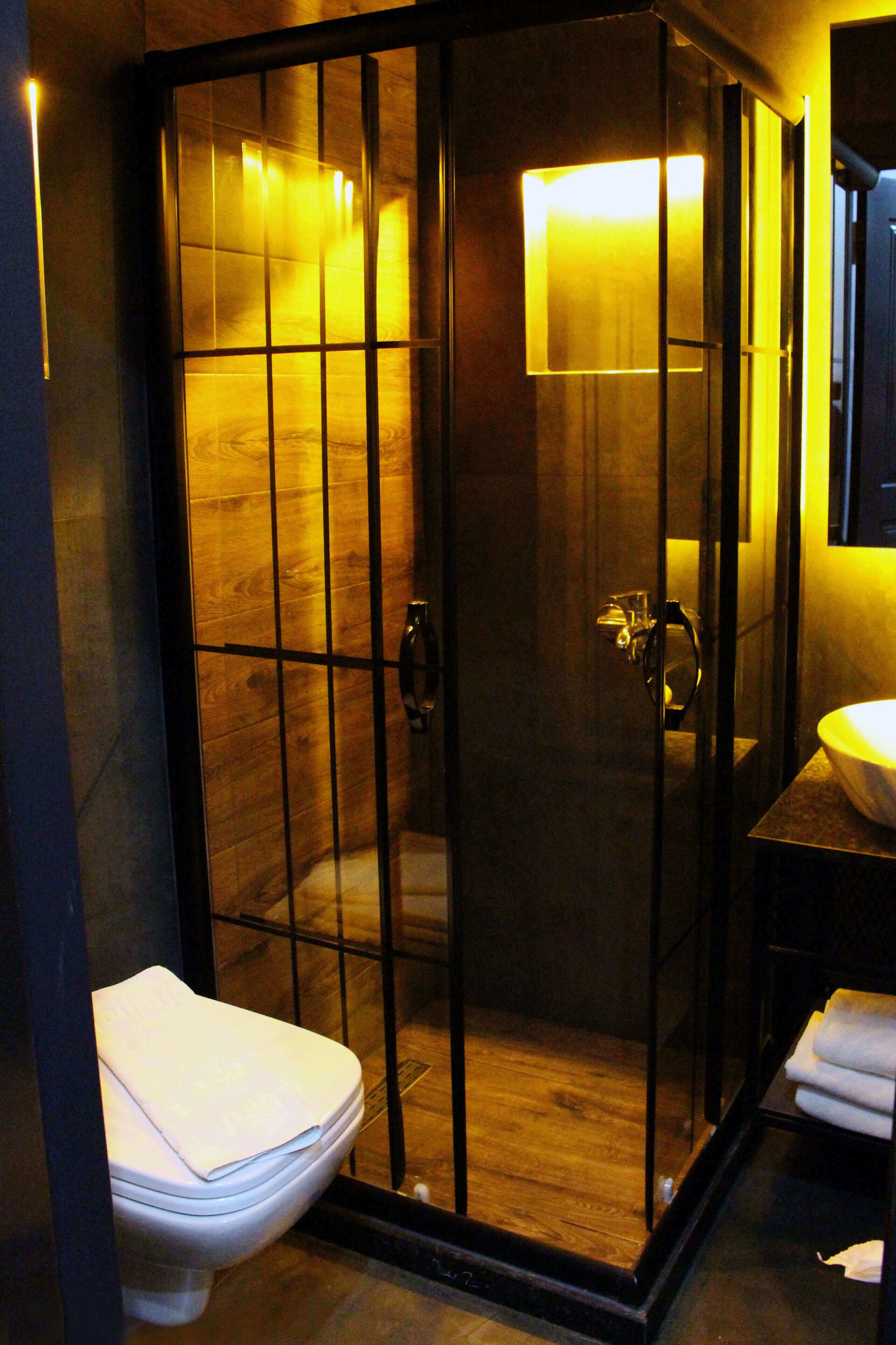 A bathroom with a glass-enclosed shower, a toilet, and a sink with a mirror above it.