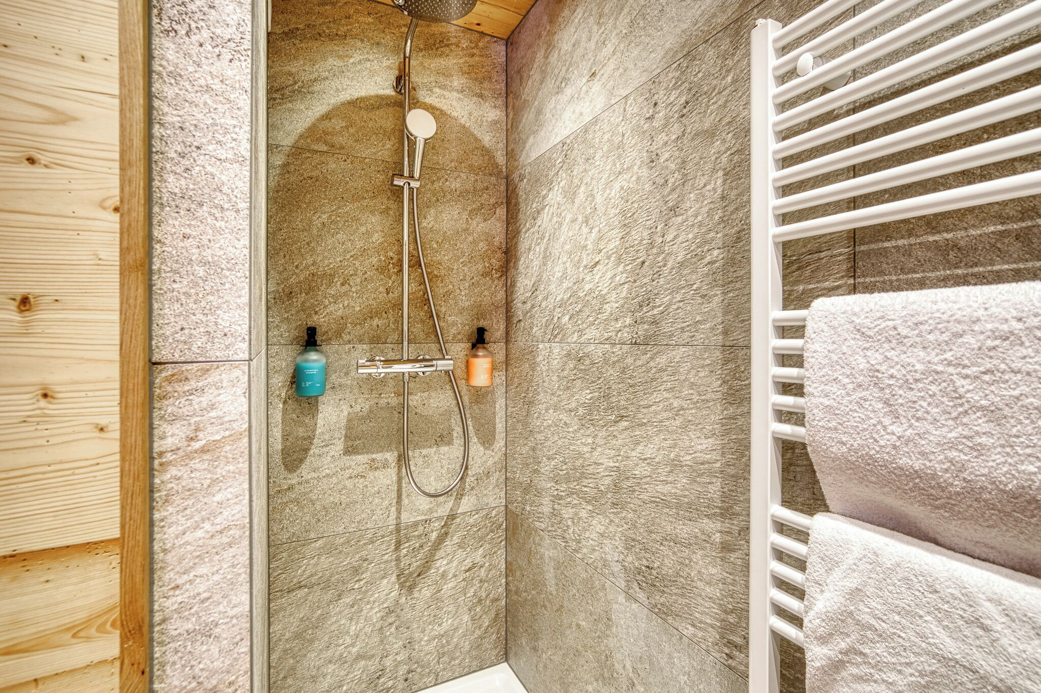 superior double room | bathroom | shower, hair dryer, bathrobes, towels