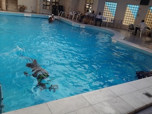 Piscine extérieure, chaises longues