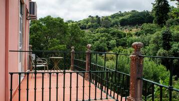 A balcony with a tiled floor, a metal railing, and a view of a lush green landscape.