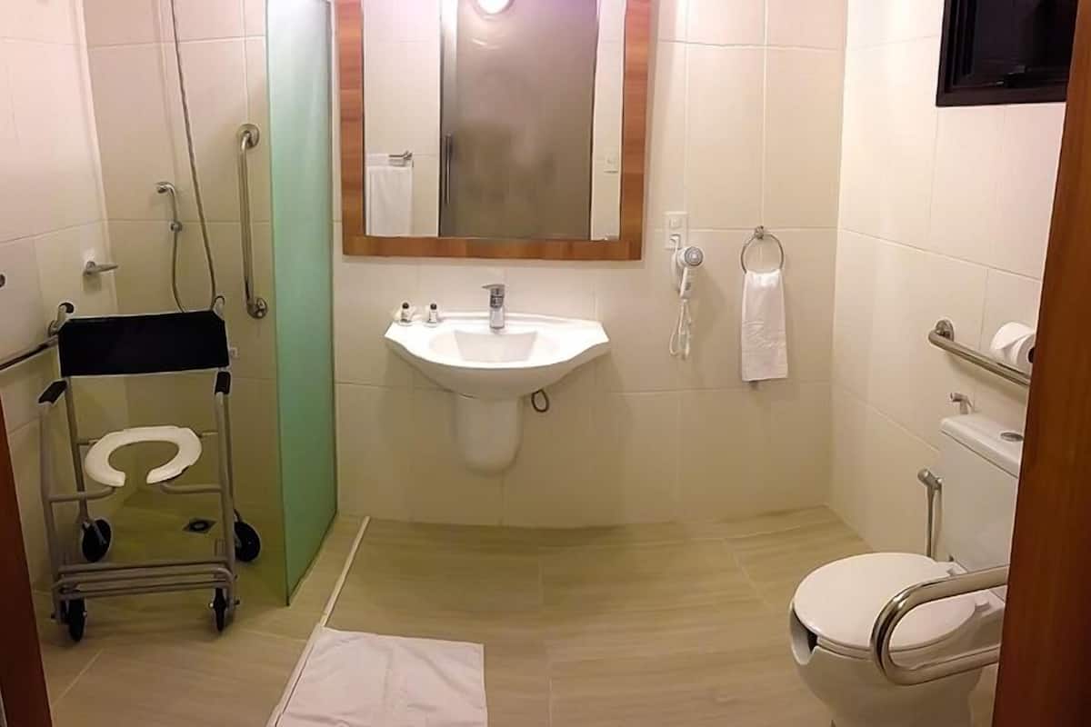 shower, free toiletries, hair dryer, towels