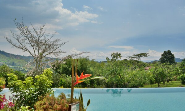 A serene pool area with a clear view of the surrounding lush landscape and distant hills.