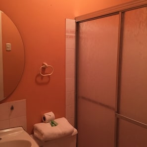 Ein Badezimmer mit Waschbecken, Spiegel, Handtuchhalter mit Handtuch und Toilettenpapierhalter.