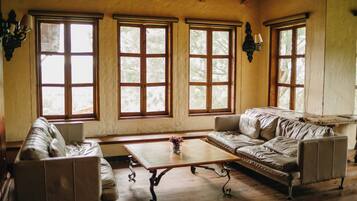 Flat-screen TV, fireplace