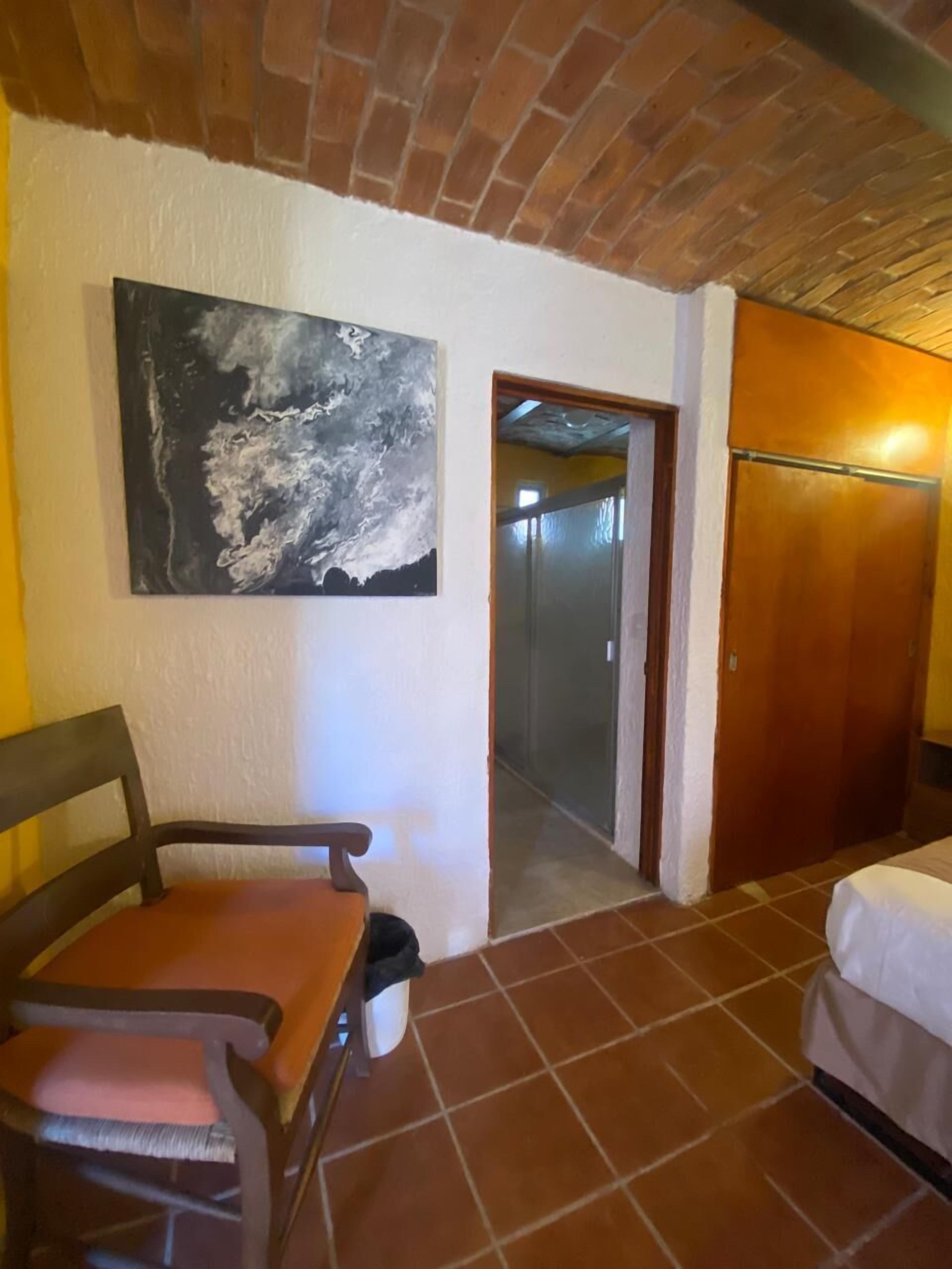 Una habitación con techo de ladrillo, una cama, una silla, un cuadro y una puerta que da a otra estancia.