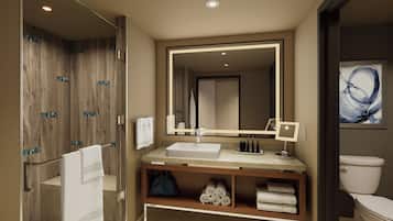 A modern bathroom with a glass-enclosed shower, a large mirror, a sink, and a toilet.