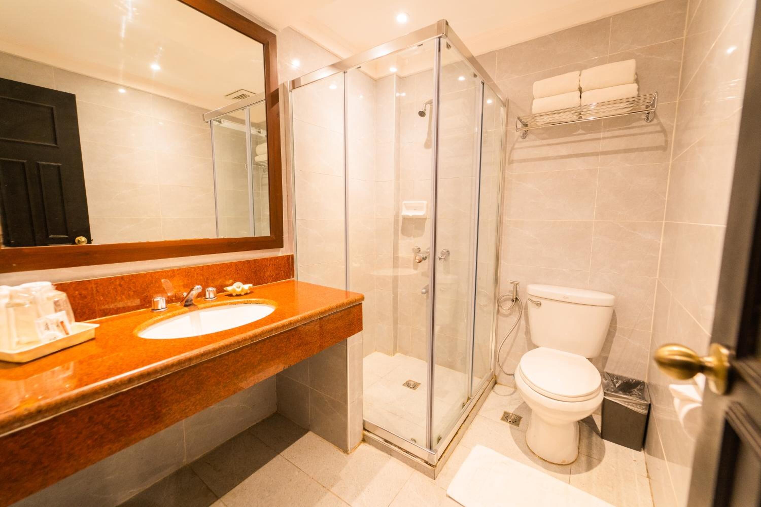 Une salle de bain moderne avec une douche à parois de verre, un lavabo blanc doté d’un plan de toilette en marbre et des toilettes.