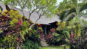 A tropical garden with a stone pathway leading to a traditional house with a tiled roof. - Bali Bohemia (Ubud)