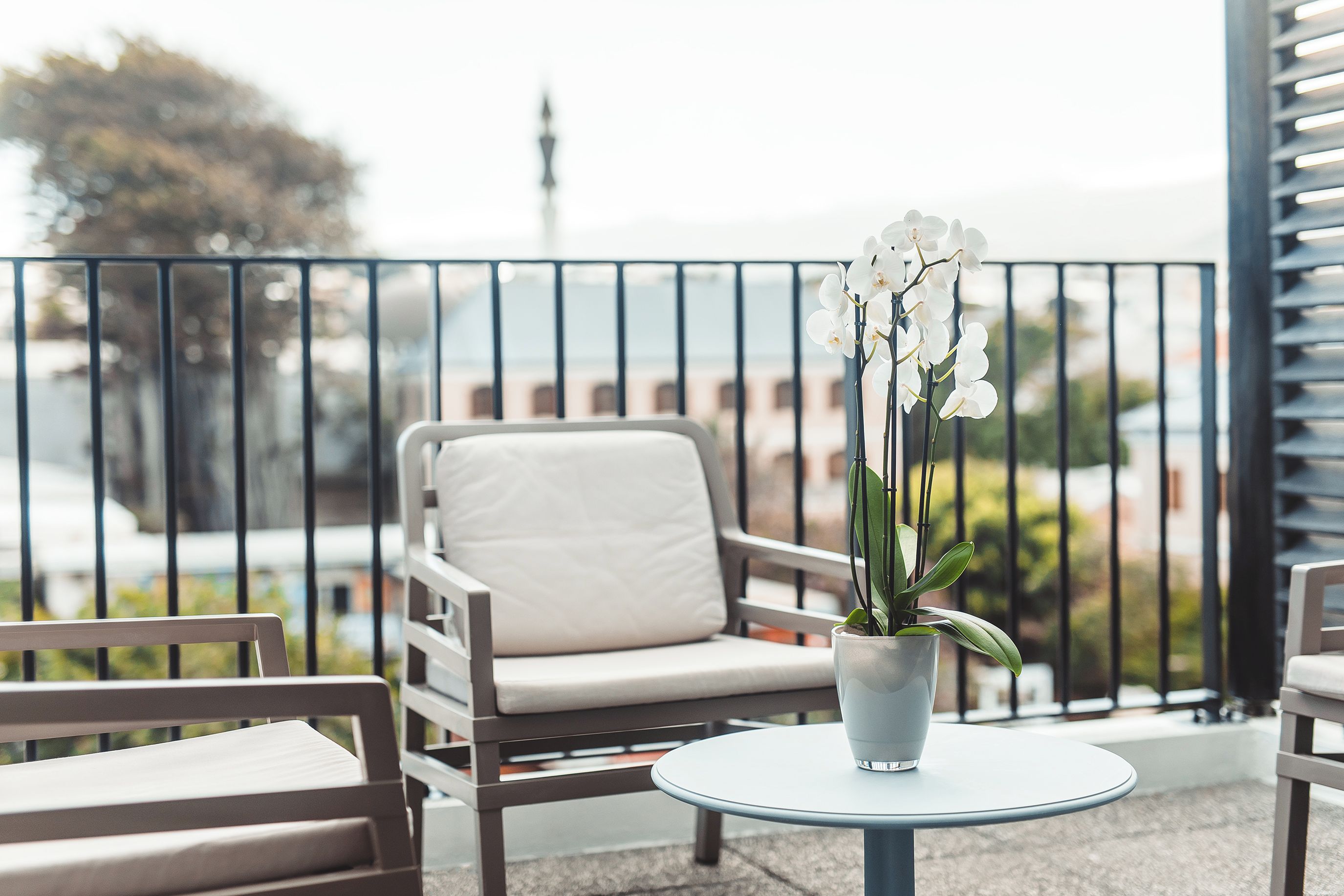 A balcony with a white chair, a small round table, and a potted plant with white flowers.