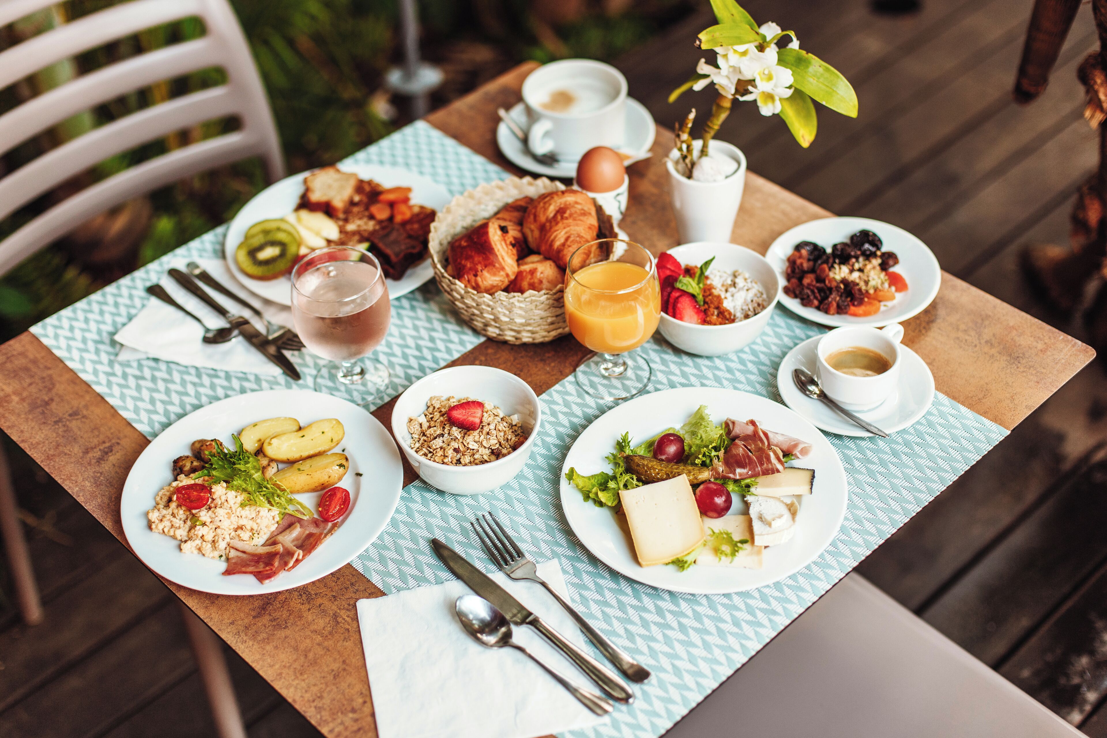 Ett frukostbord med tallrikar fulla av mat, en korg med croissanter och en kopp kaffe.