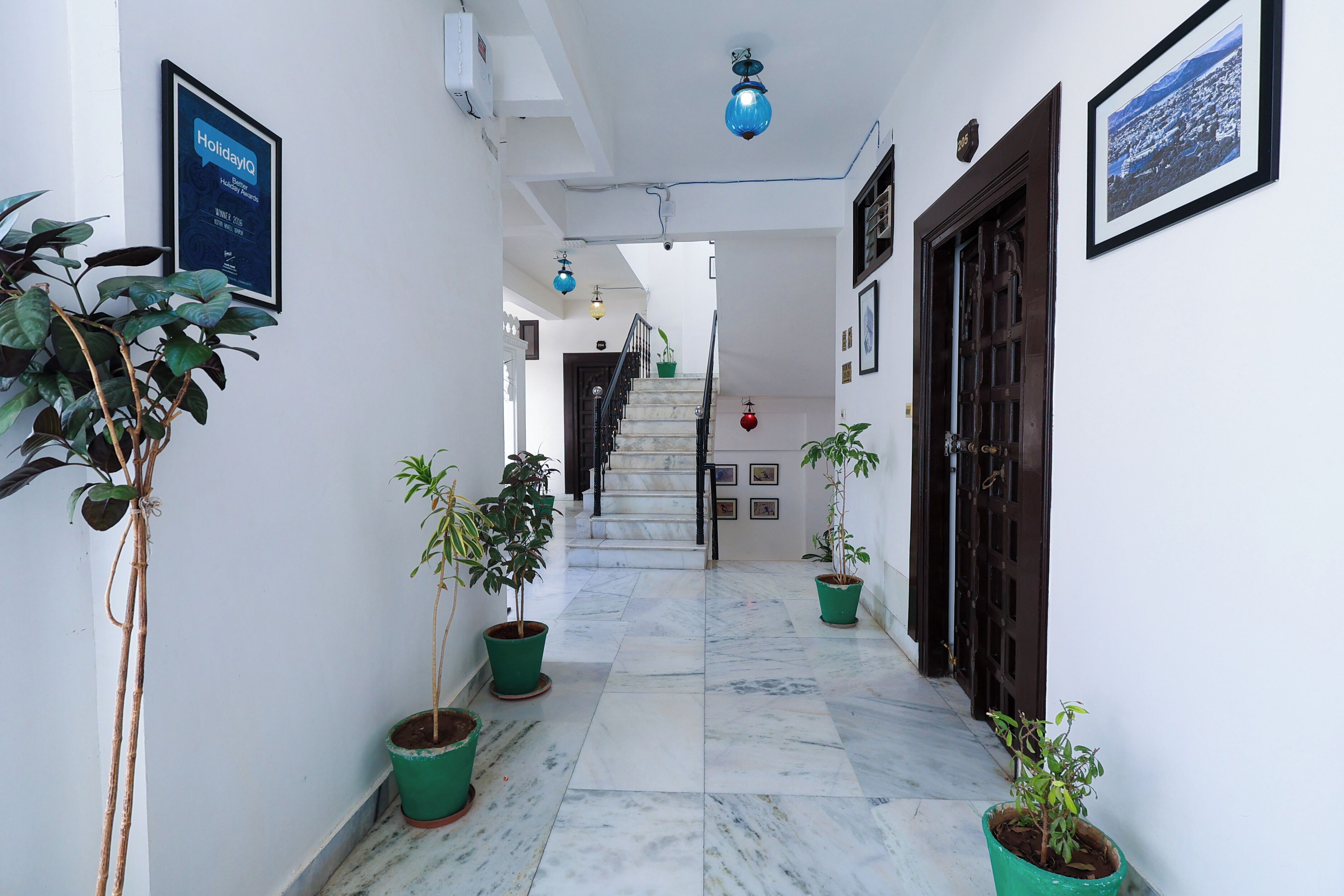 A hallway with potted plants, a staircase, and framed pictures on the walls.