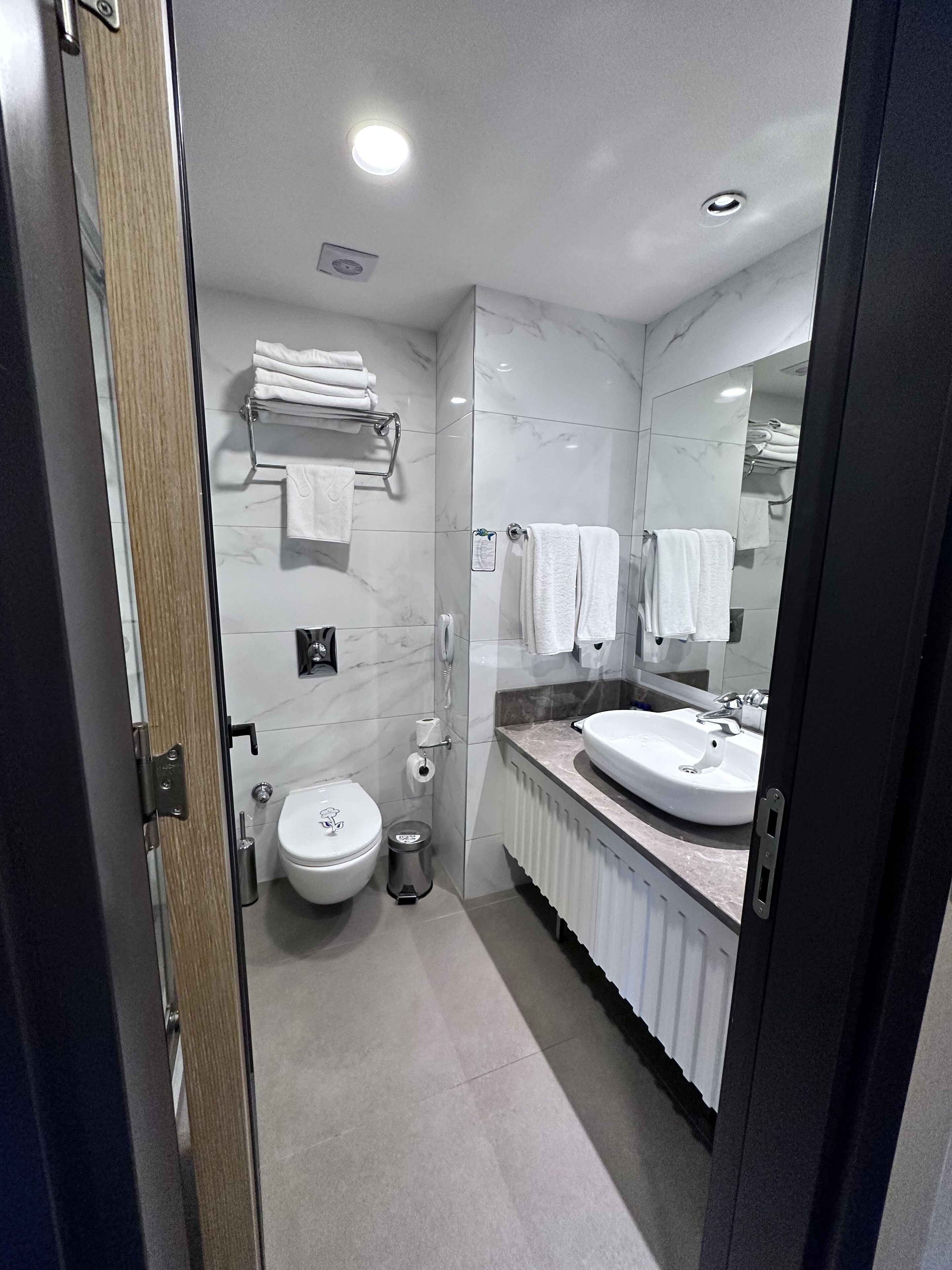 Ein modernes Badezimmer mit Toilette, Waschbecken und Spiegel.