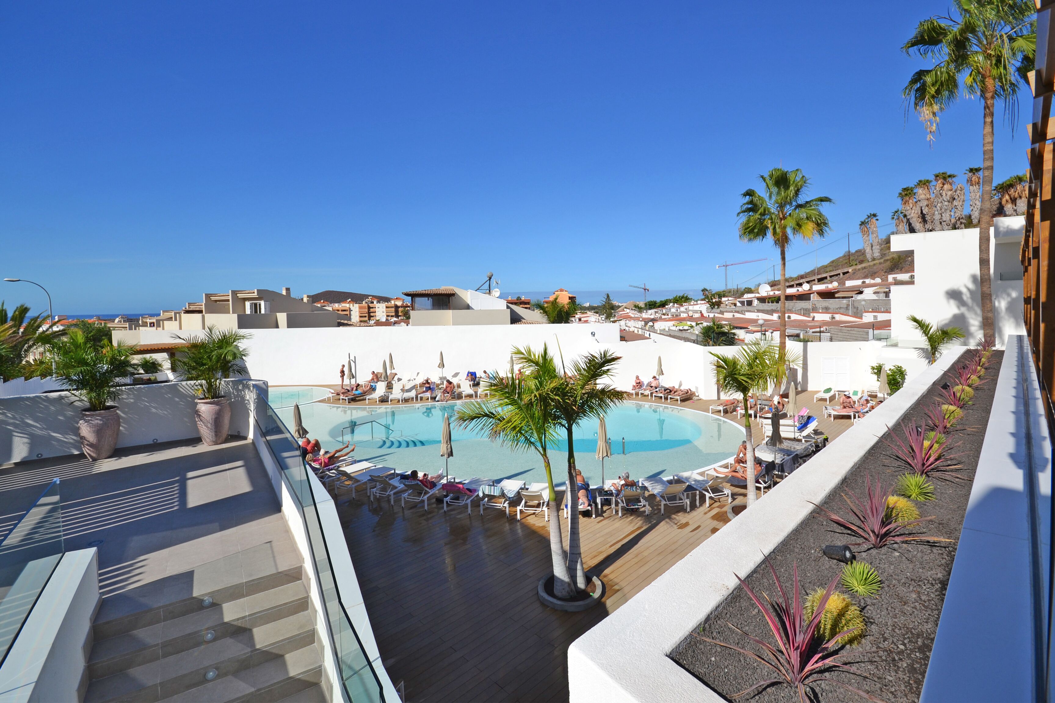Un área de piscina en la azotea con sillones de descanso y palmeras, con vistas a una zona residencial con edificios y un cielo azul despejado.
