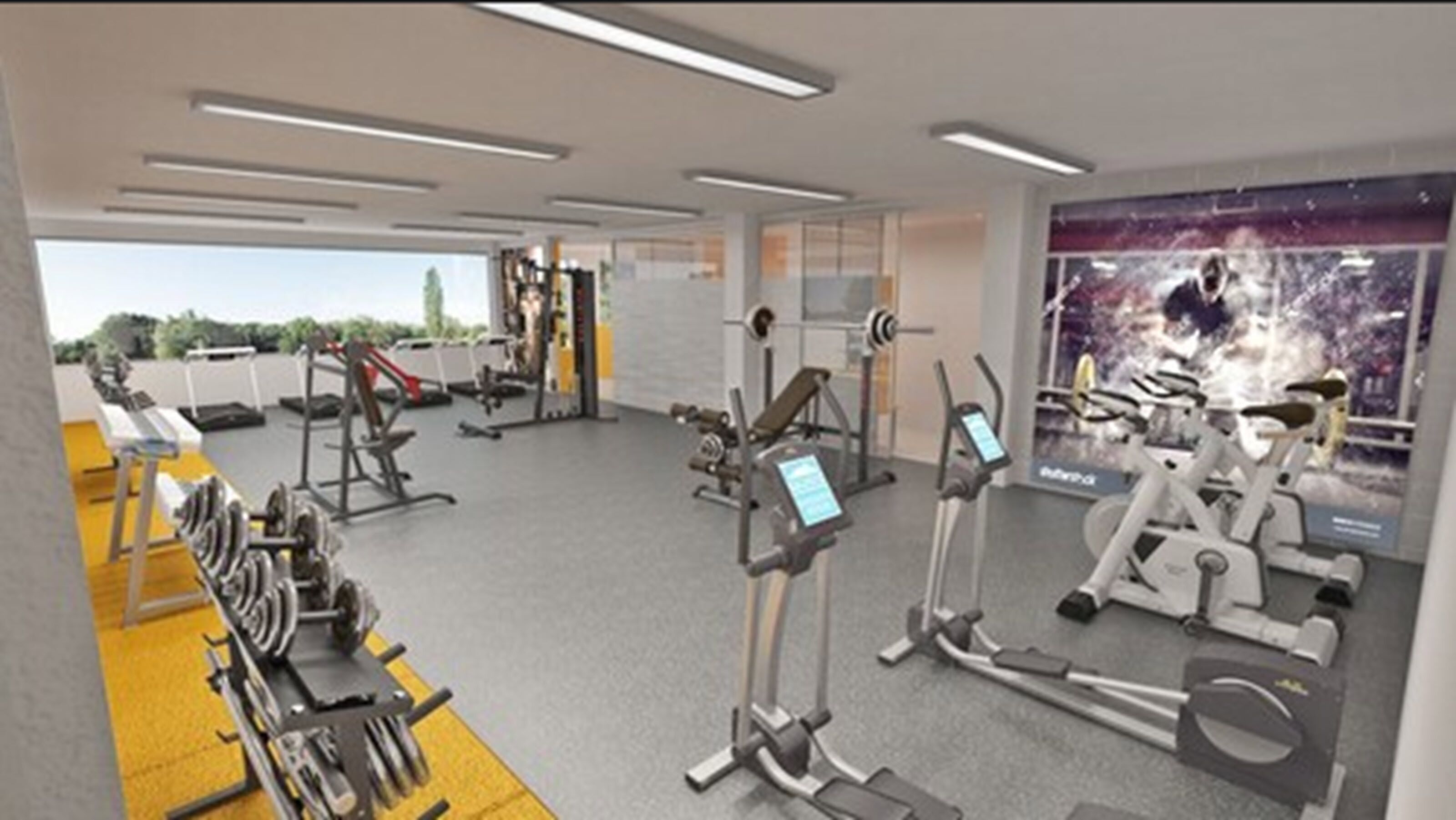 Una gimnàstica moderna amb diversos equips d'exercici, incloent cintes de córrer, bicicletes estàtiques i aparells de musculació.