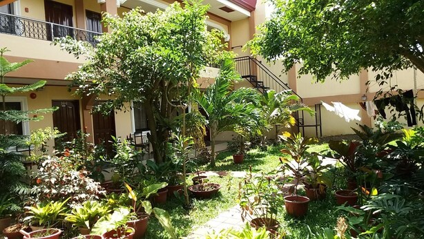 Un patio con plantas en macetas, una escalera y la fachada de un edificio.