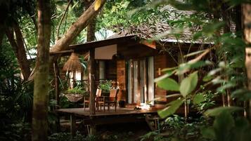 Une cabane en bois dotée d’une terrasse, entourée d’une végétation luxuriante.