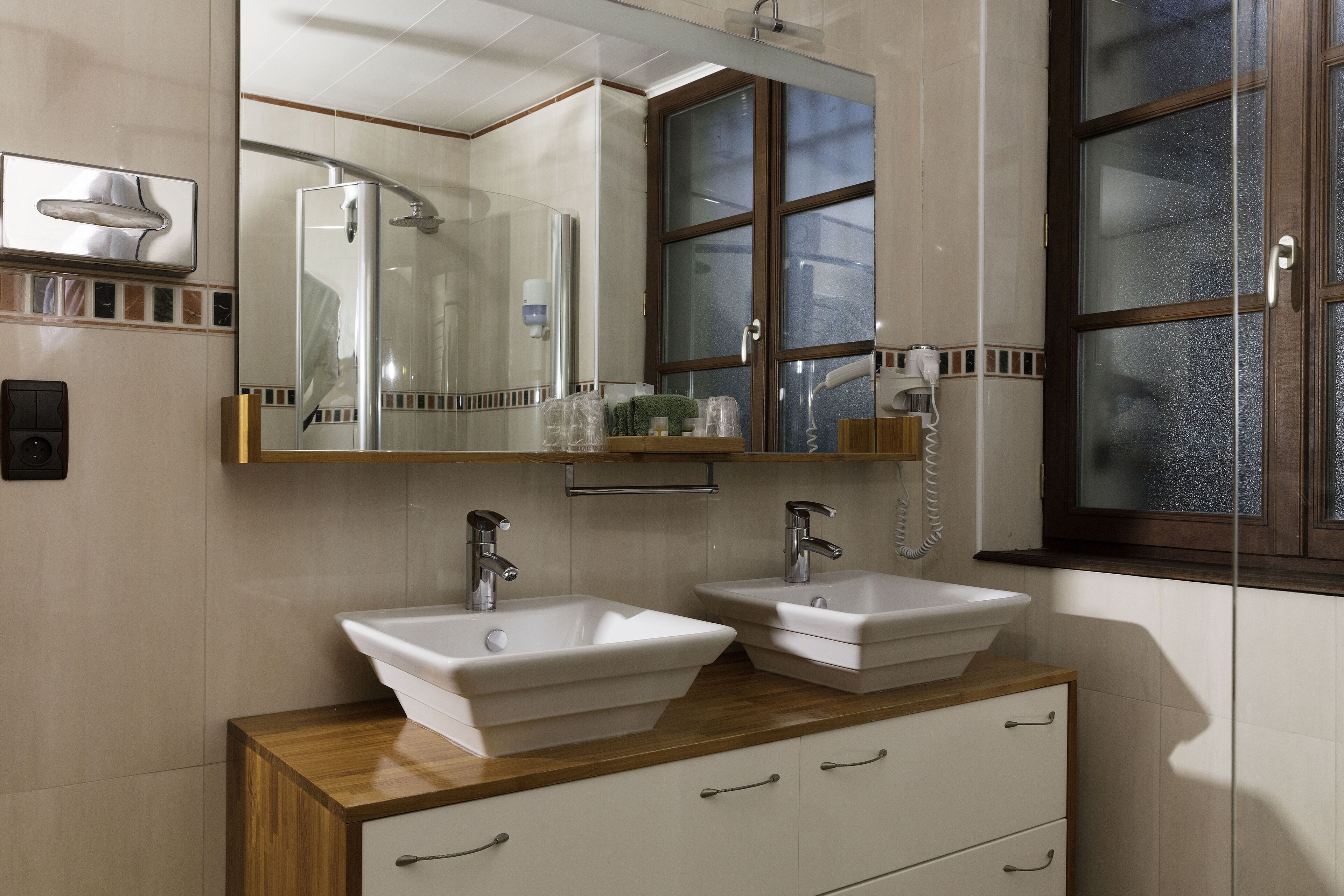 free toiletries, hair dryer, towels