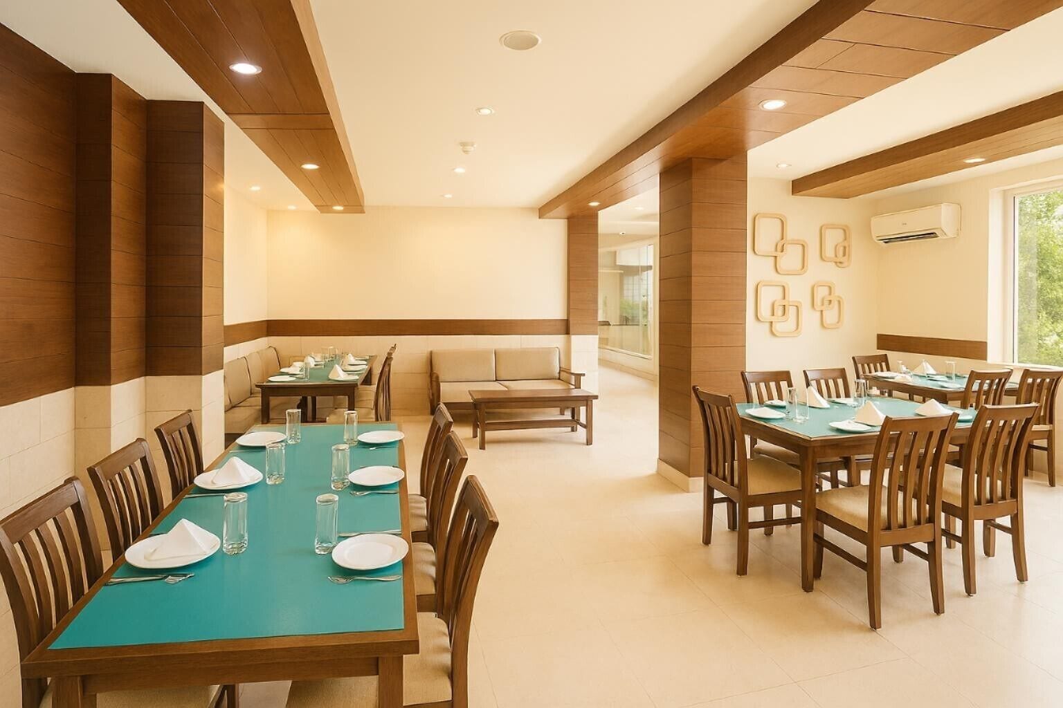 A dining area with multiple tables and chairs, wooden paneling on the walls, and recessed ceiling lights.