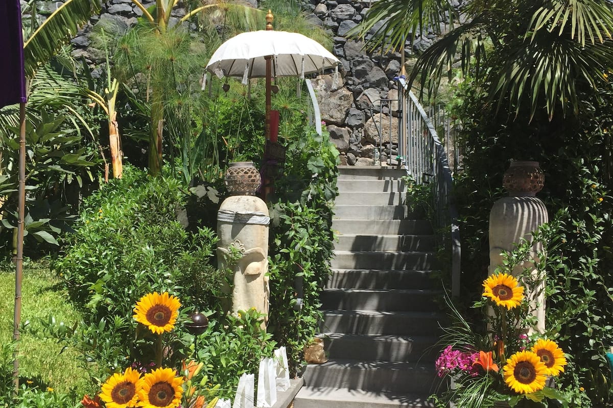 Un sendero en un jardín que conduce a la entrada de un edificio, con escalones, plantas en macetas y un paraguas decorativo.