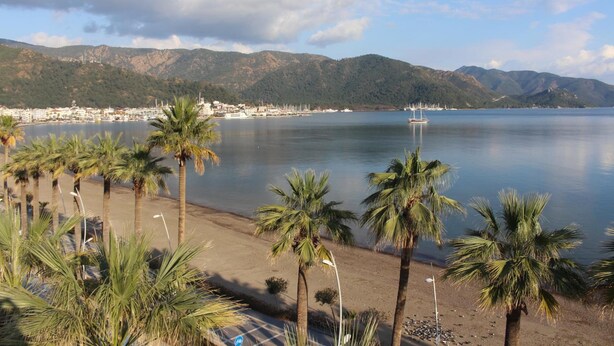 Una playa con palmeras y un mar tranquilo, un pueblo lejano y montañas al fondo.