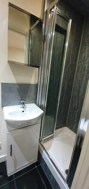 Studio cơ bản, 1 giường đôi | Phòng tắm | Buồng tắm vòi sen, khăn tắm 